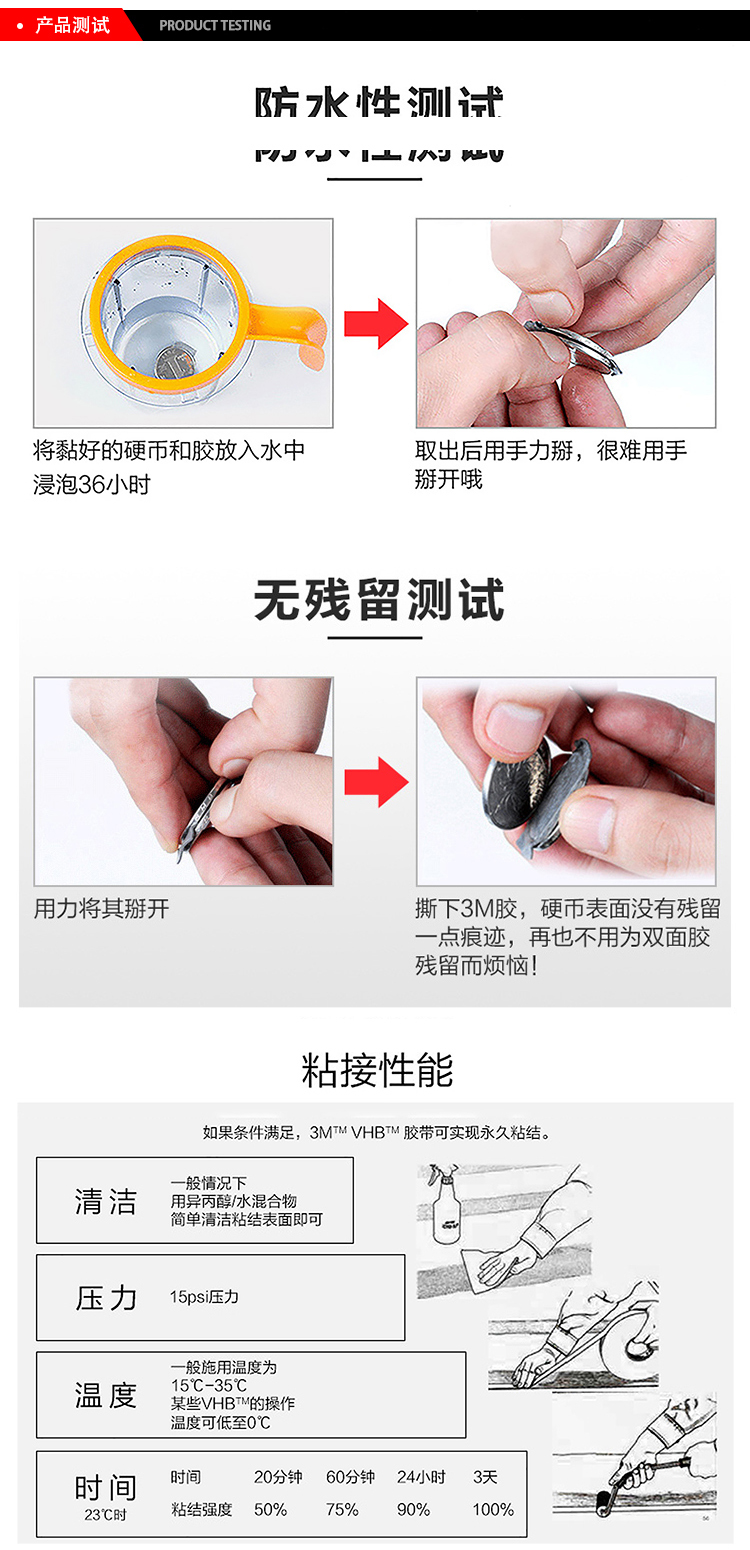 3MVHB通用型丙烯酸泡棉膠帶49系列防水測試、無殘留測試、粘接性能